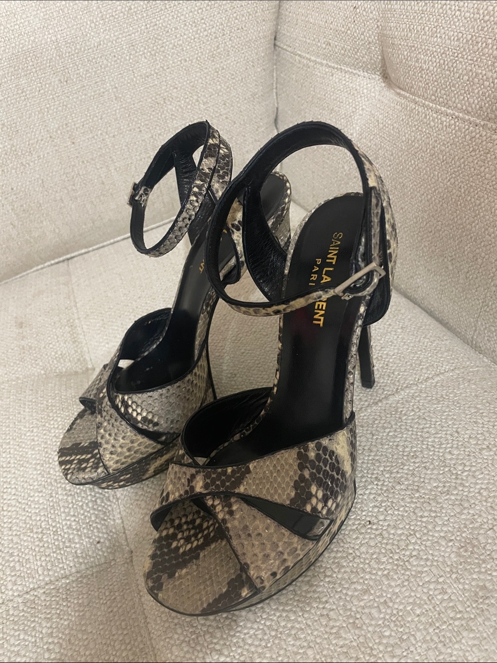 Saint Laurent Black & Neutral Snake-Print Ankle Strap Heels - Picture 4 of 8